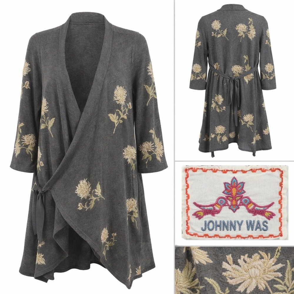 Johnny Was Biya Charcoal Grey Floral Embroidered Wrap Cardigan‎ Sweater Boho S